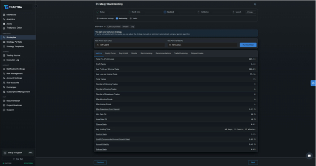 Tradyra strategy backtester results with historical performance metrics and charts — view 2 of 15