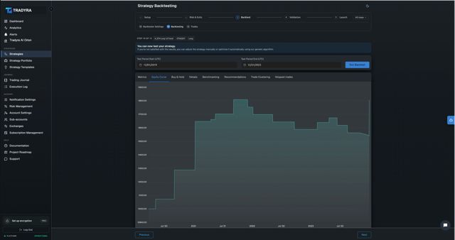 Tradyra strategy backtester results with historical performance metrics and charts — view 3 of 15