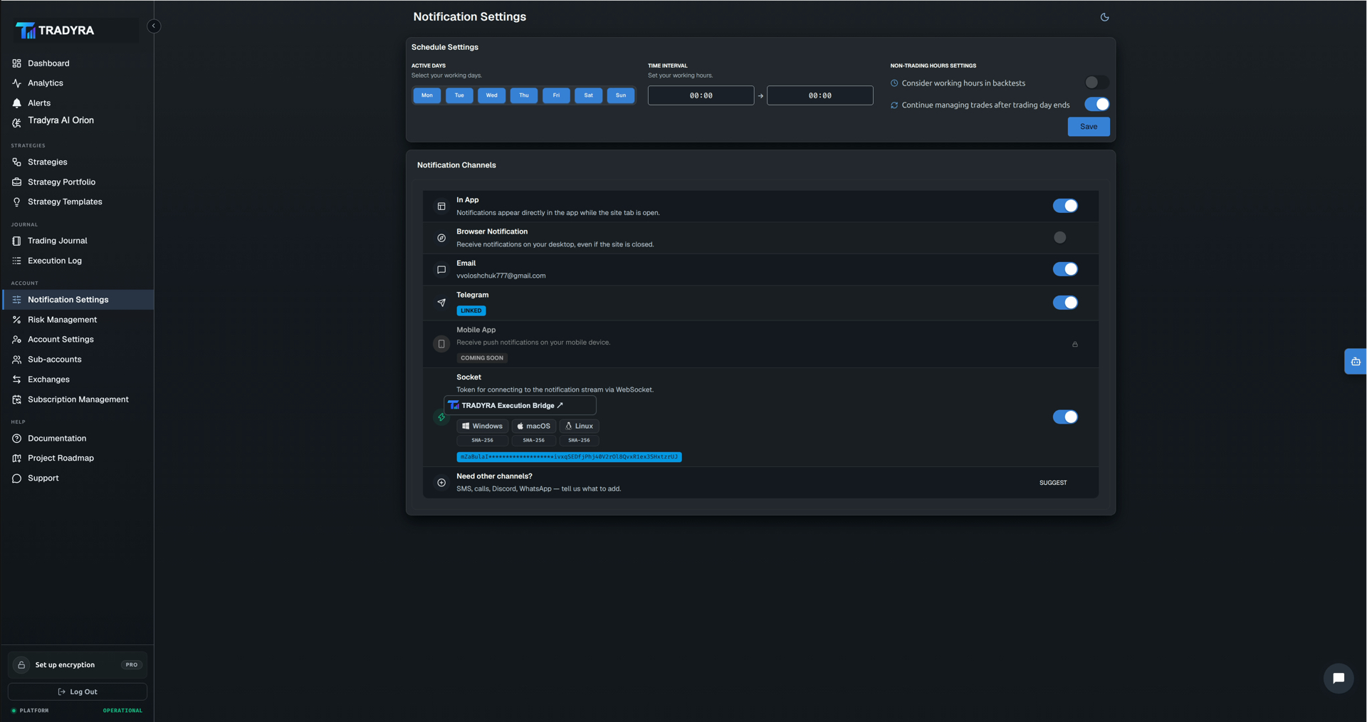 Tradyra platform — strategy builder, backtest, portfolio, journal, risk management — view 10 of 13