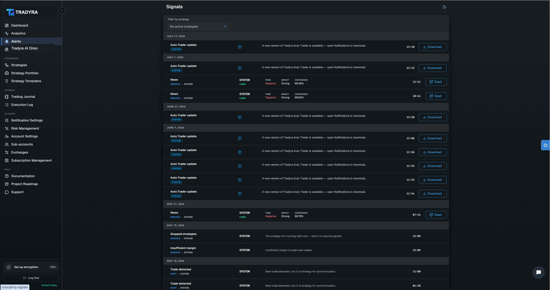 Tradyra platform — strategy builder, backtest, portfolio, journal, risk management — view 4 of 13