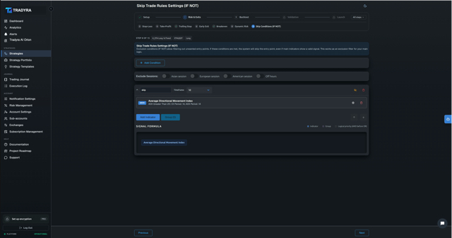 Tradyra no-code strategy builder — 10-step wizard for crypto trading bots — view 10 of 17