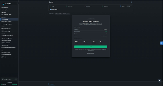 Tradyra no-code strategy builder — 10-step wizard for crypto trading bots — view 17 of 17