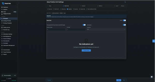 Tradyra no-code strategy builder — 10-step wizard for crypto trading bots — view 7 of 17