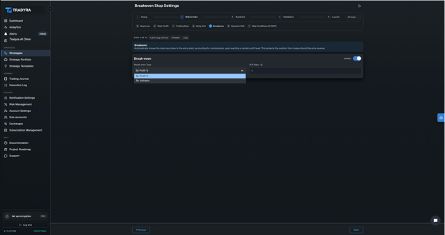 Tradyra no-code strategy builder — 10-step wizard for crypto trading bots — view 8 of 17
