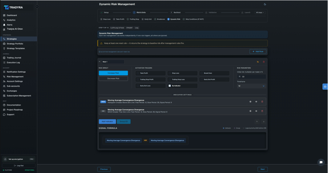 Tradyra no-code strategy builder — 10-step wizard for crypto trading bots — view 9 of 17